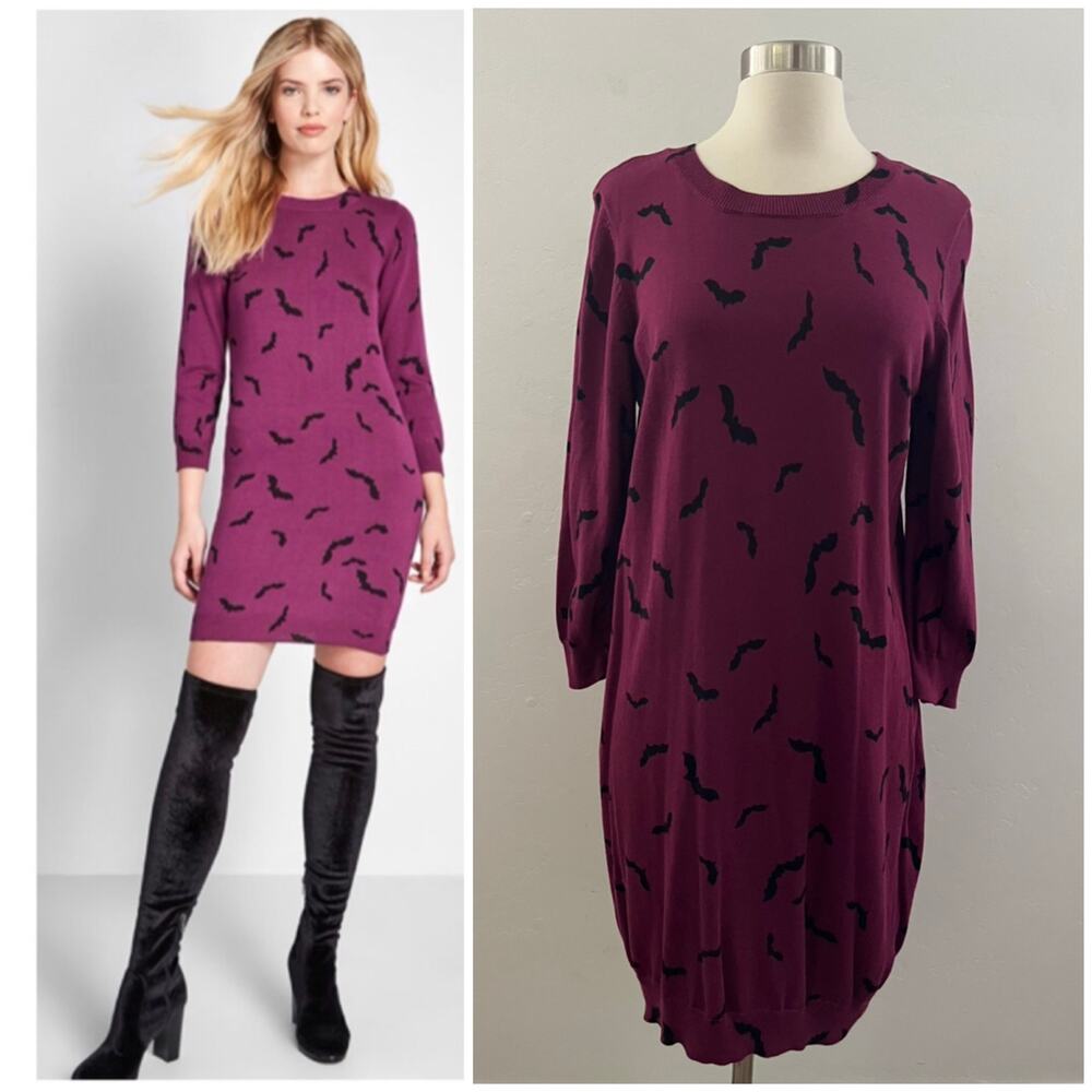 ModCloth XL Knit The Mark Sweater Dress in Bats Halloween October Witchy Spooky